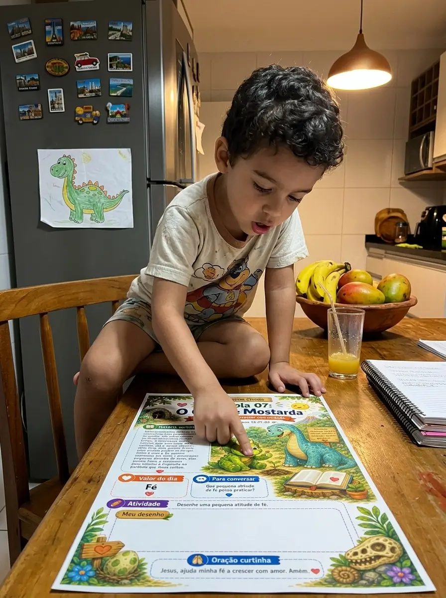 Criança apontando atividade DinoParábolas